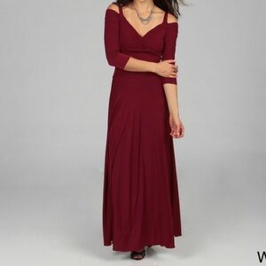 Burgundy Wine Berry Maxi 3/4 sleeve Cold Shoulder Dress Wedding Gala Party